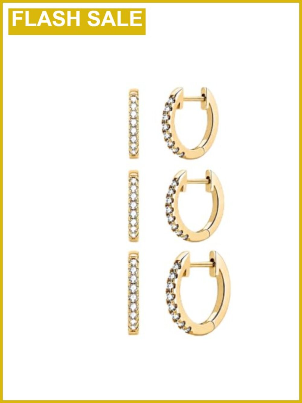 3 Pair Gold Plated Hoop Earrings Set - 925 Sterling Silver Huggies with CZ -